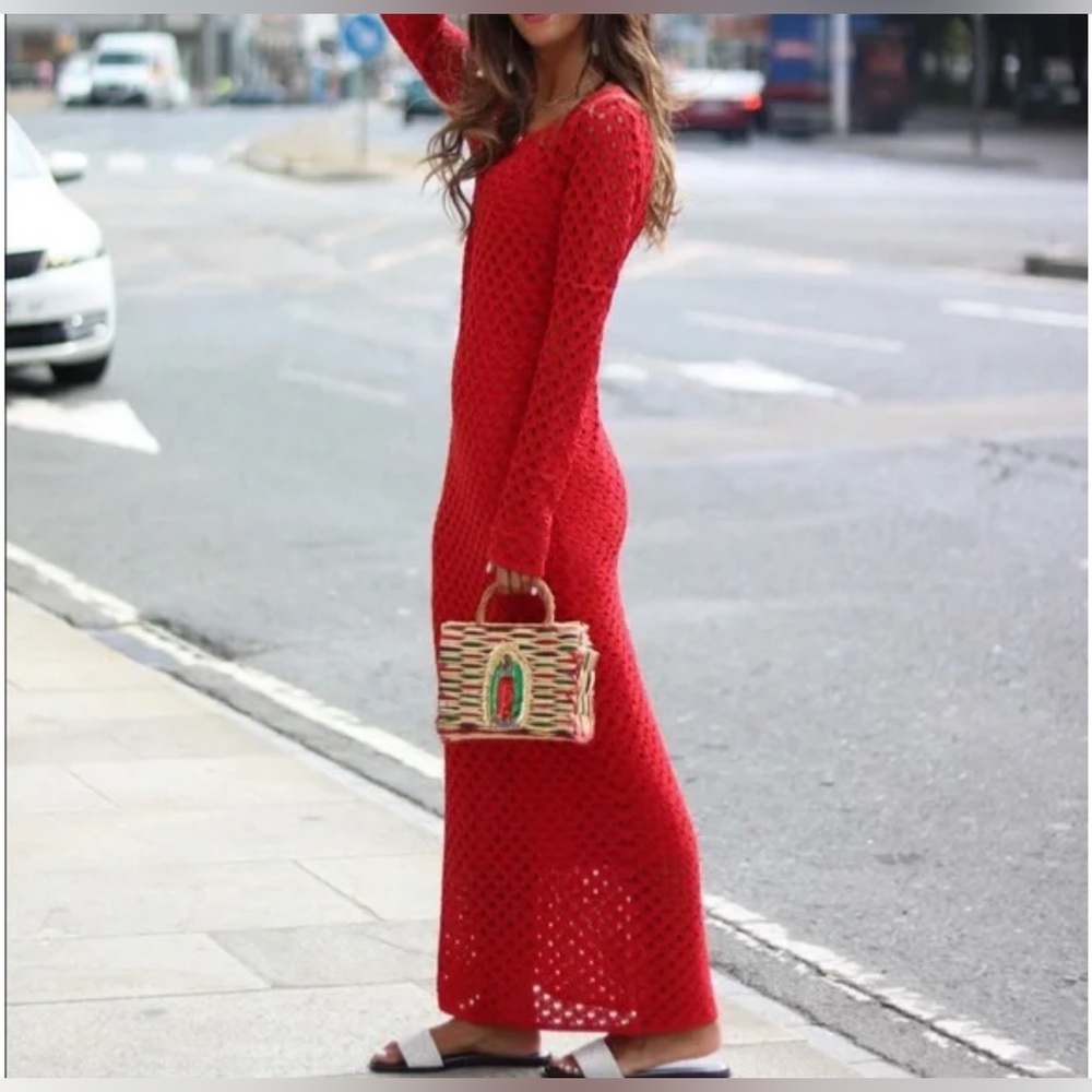 ZARA Allover Knit Maxi Dress Size Small Red Crochet bloggers favourite